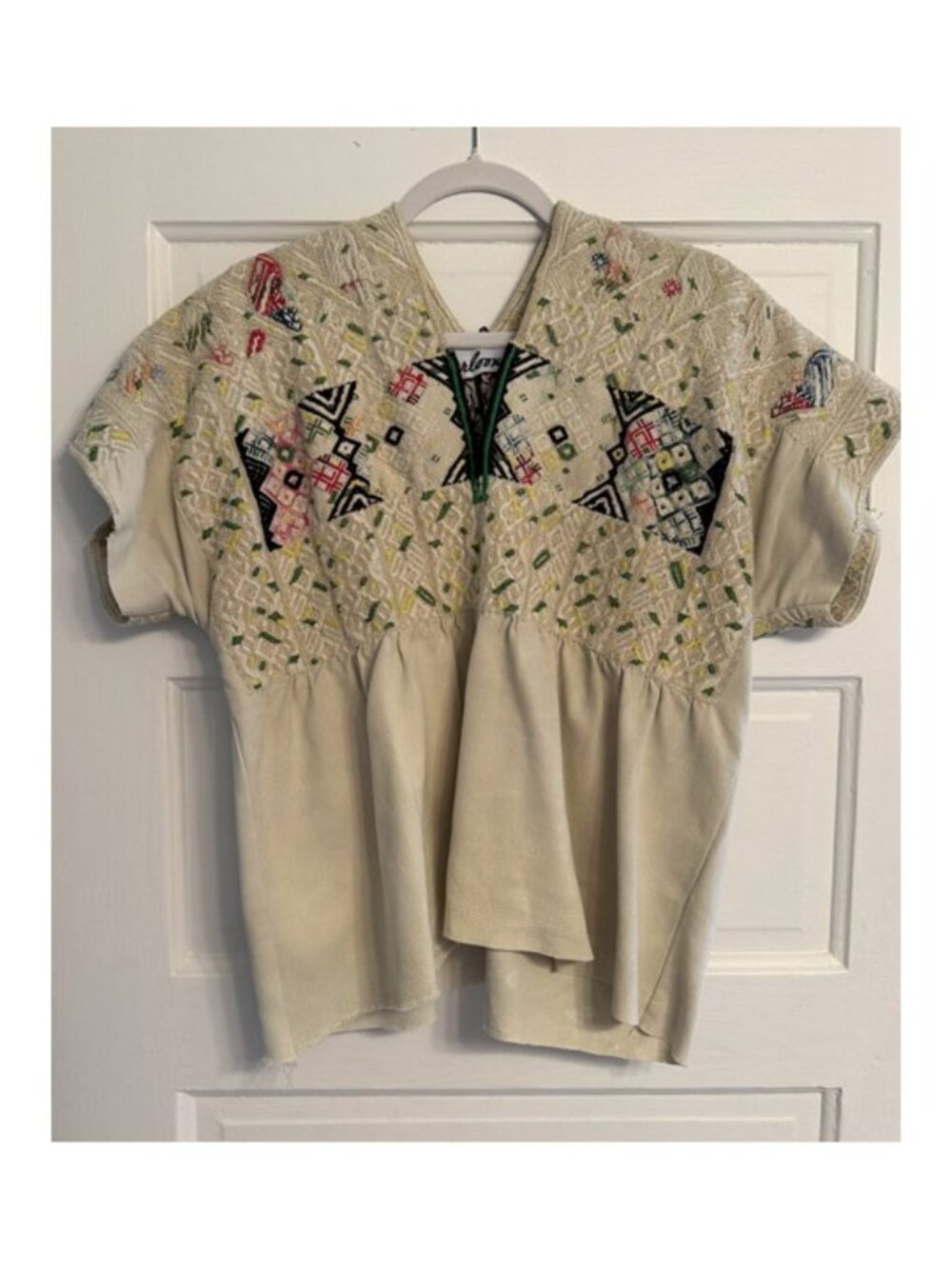 Arloom. One-of-a-kind Vintage Very Light Green/Multi Huipil Top. Size M/L.